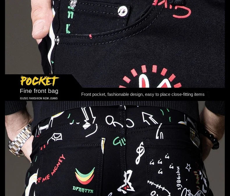 Luxuriöse Jeanshose für Herren, Hip-Hop-Jeans mit Graffiti-Print, Designer-Jeans in Slim Fit, trendige schwarze Jeans, Stretch-Cowboy-Baumwollhose für Männer
