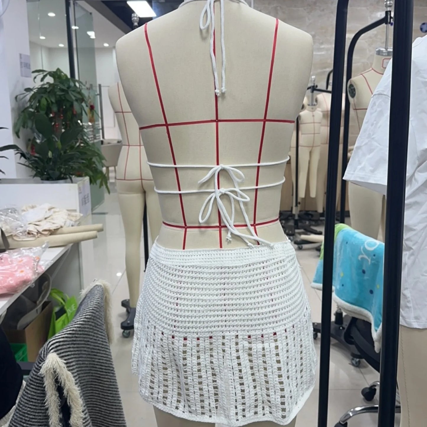 Women Summer Holiday Beach Halter Crochet Dress Solid Color Cutout Backless Slim Fit Knitted Mini Dresses