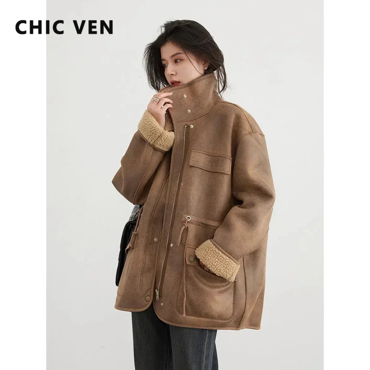 CHIC VEN Women's Jackets Thick Warm Solid Suede Reversible Jacket Motorcycle Outer Coat Loose Female Overcoat Winter Autumn