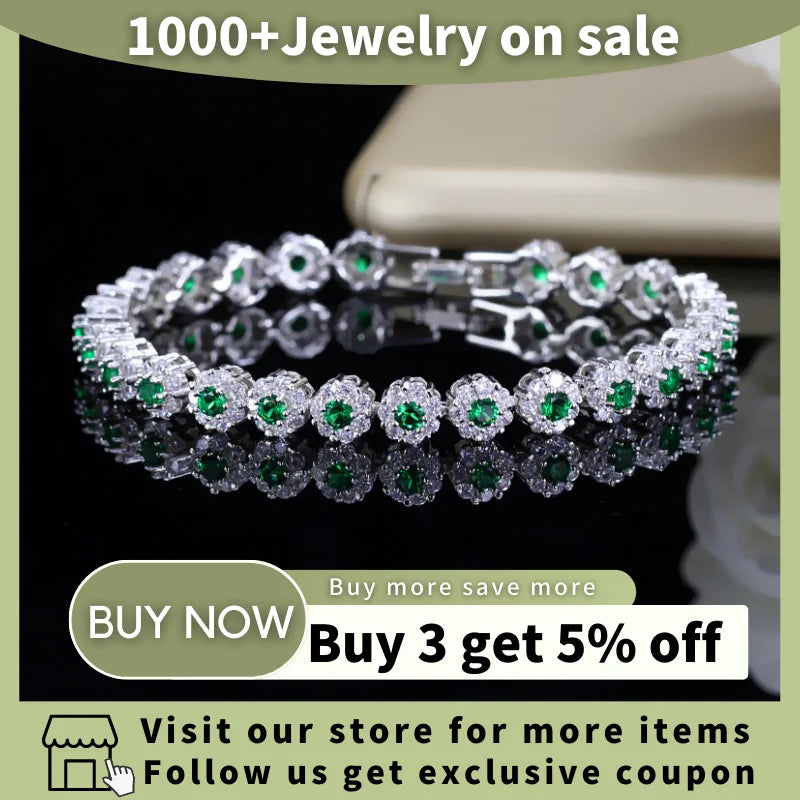 BeaQueen Trendy Green and White Cubic Zirconia Stone Silver Color Tennis Bracelets Dress Jewelry Accessories Gift for Women B100