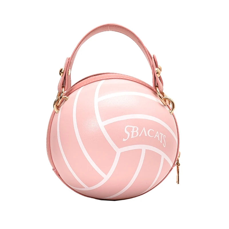 Women Ladies Football Volleyball Round Crossbody Shoulder Bag PU Leather Tote Purse Handbag Chain Purse Satchel