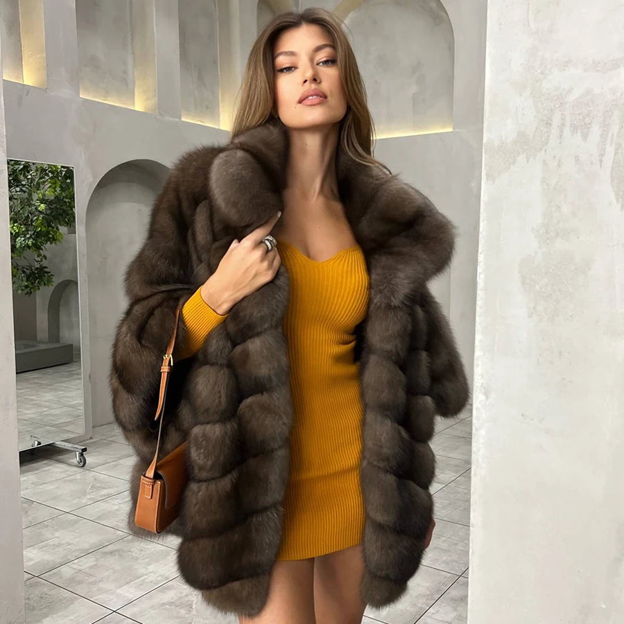 Winter Real Fox Fur Coat For Women Natural Fox Fur Jackets Mid-Length High Quality Fox Coat Women Luxury 2023