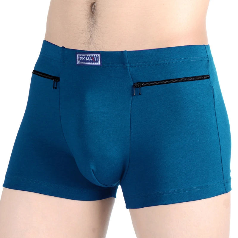 Men Cotton Boxer Panties Underwear Anti-theft Zippers Pockets Briefs Underpants Casual Solid Men's Boxers Shorts