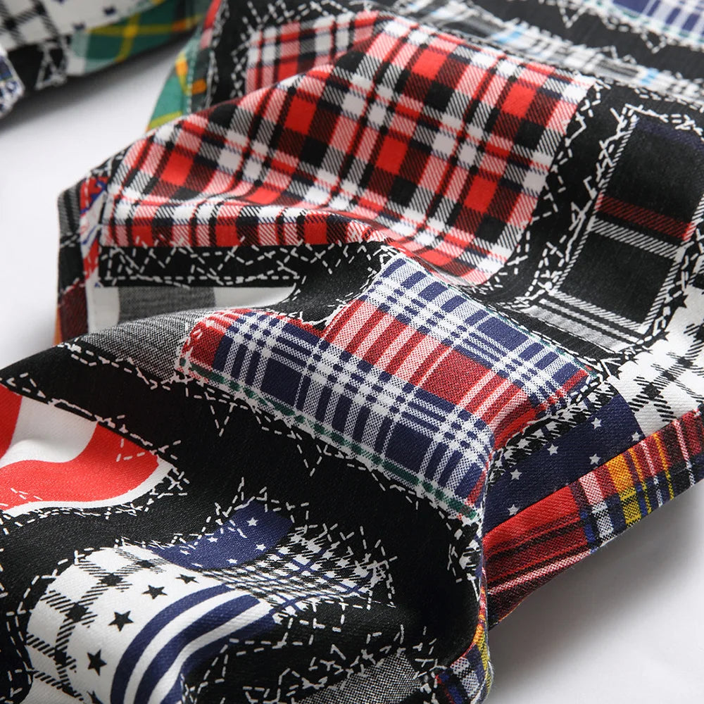 Männer Plaid Digital Print Jeans Mode Patches Patchwork Stretch Denim Hosen Schlank Gerade Hose