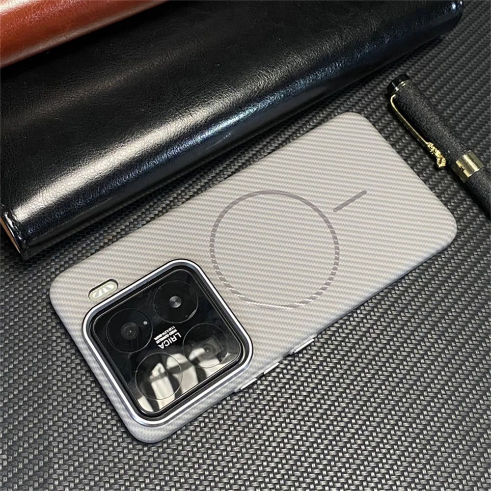 Ultra thin Carbon Fibre Pattern Metal Lens Frame Case for Xiaomi Mi 15 Pro Mi 14 Magnetic Wireless Charging Hard PC Slim Cover