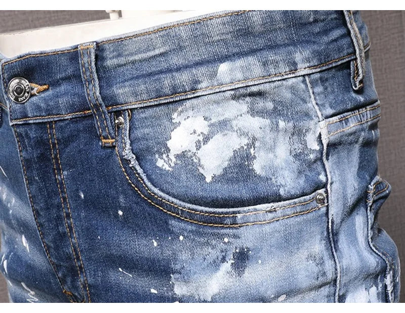 Retro Style Men's Slim Fit Jeans Distressed Hole Design Elastic Casual Long Pants Youth Trendy Street Style Straight Leg Jeans