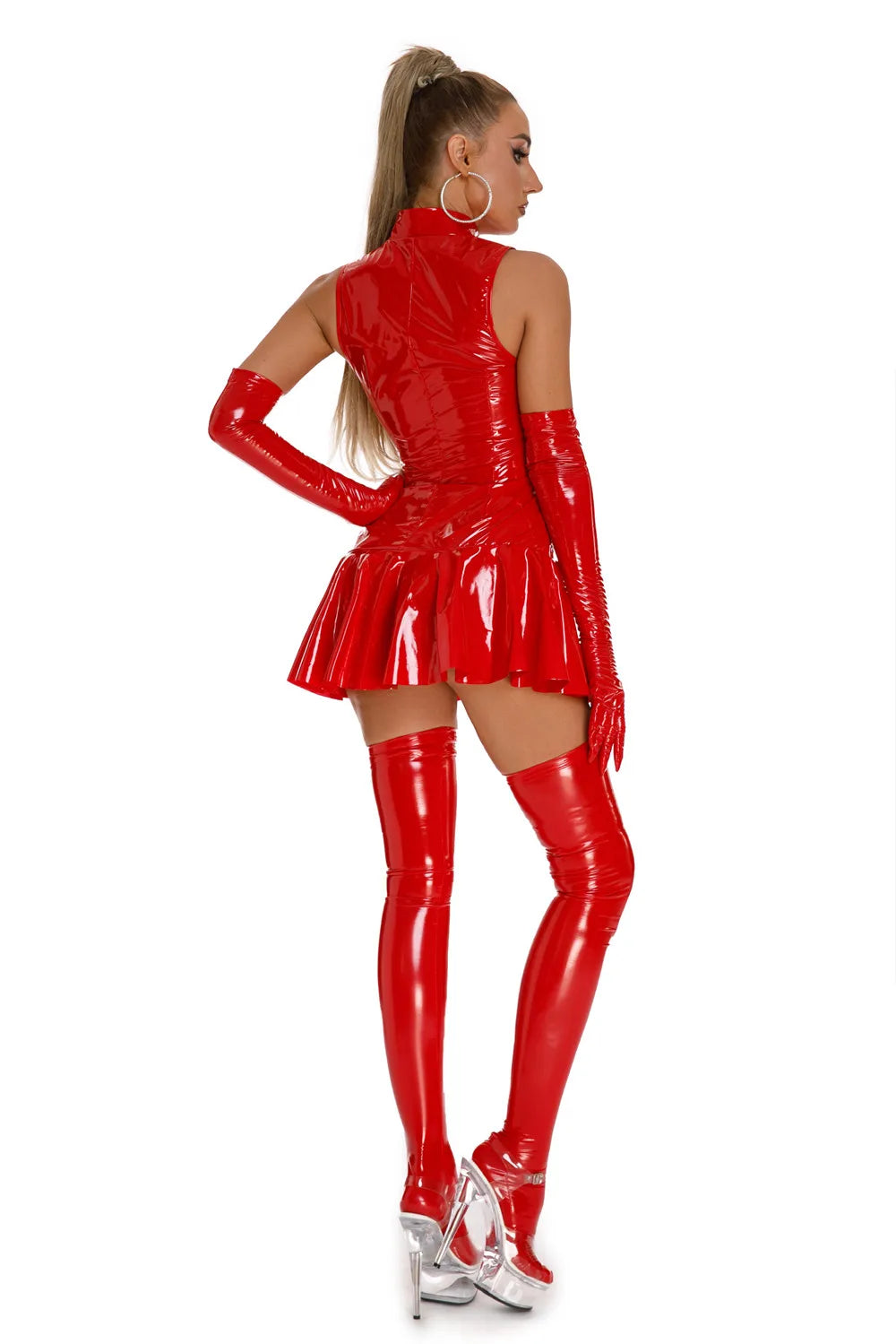 Women Sexy Glossy PVC Leather Slip Dress Lady Erotic Shaping Pleated Short Dress Zipper Porn Breast Exposing Latex Mini Dress