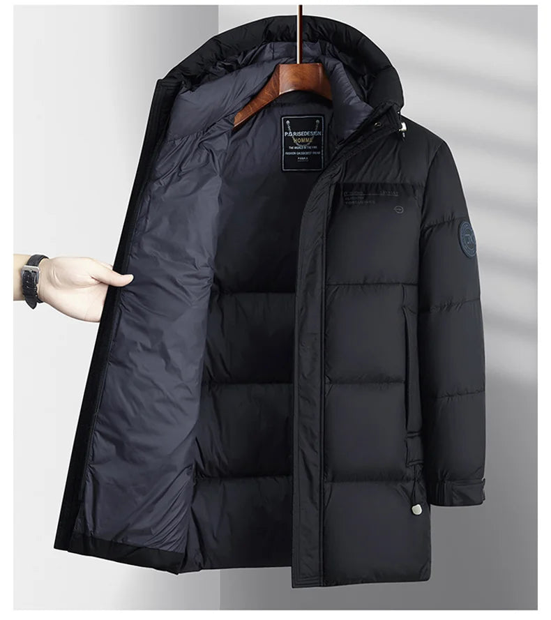 Leichte Luxus-Daunenjacke für Herren, lang, Winter 2024, trendig, 90 % weiße Entendaunen, warmer Mantel, Business-Casual-Mütze, leichte Daunenjacke