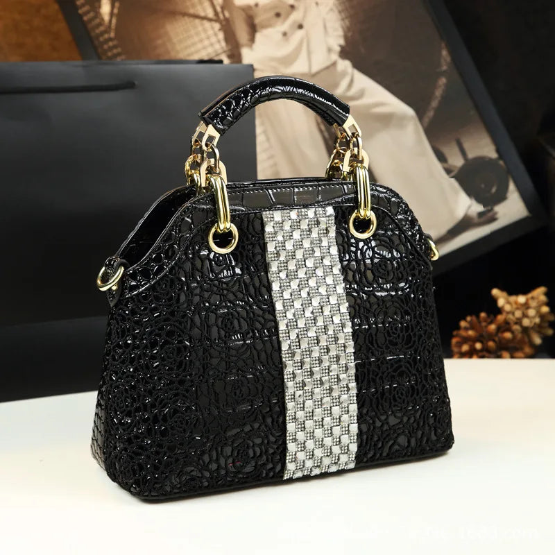 Luxury Women Tote Noble Ladies Shoulder Handbag High Quality Crocodile Print Lattice with Diamond Chic Madam Dinner Purses