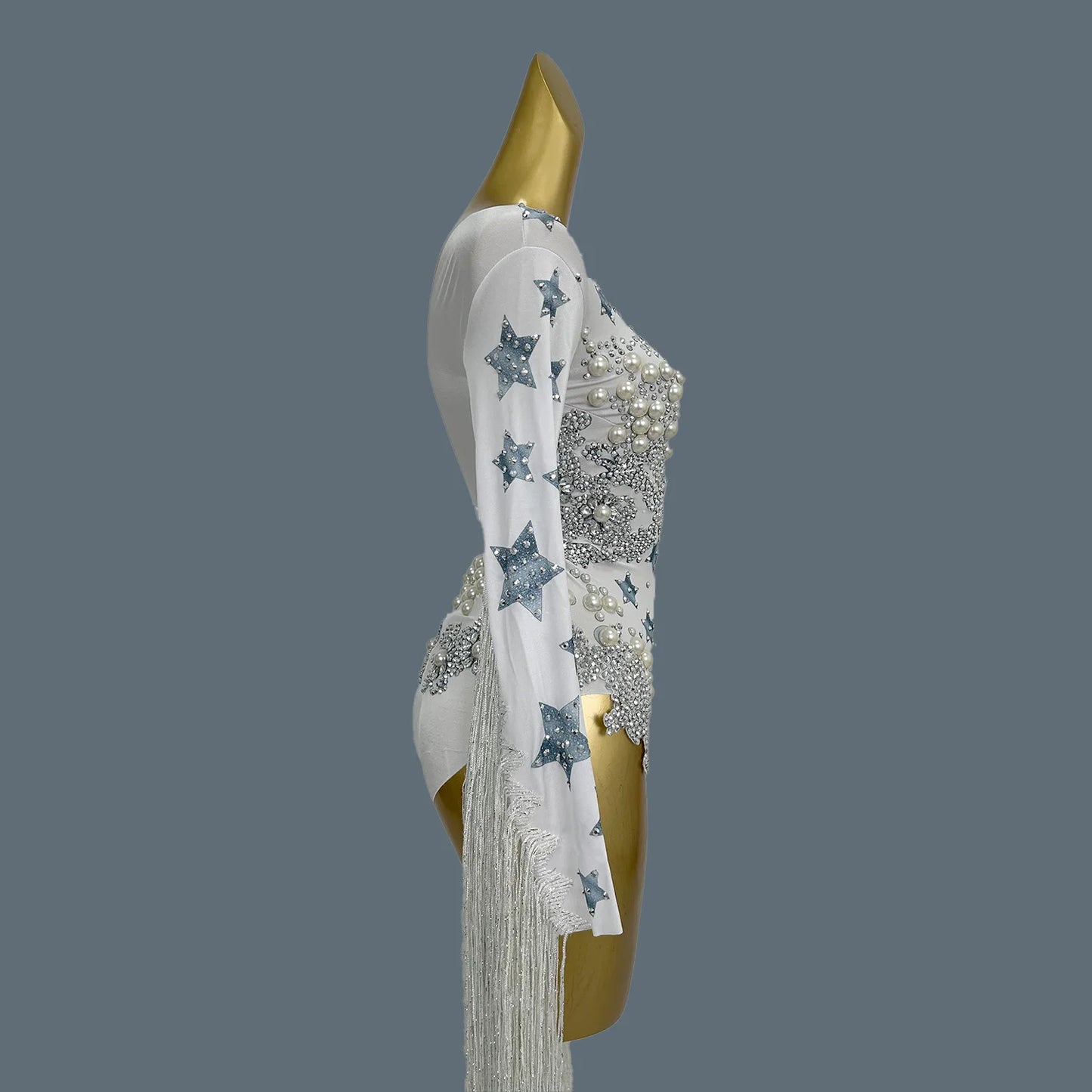 Designer Star Big Pearls Rhinestone Bodysuit Women Long Tassel Party Jumpsuit Nightclub Fringes Dancer Leotard Wear Starqun