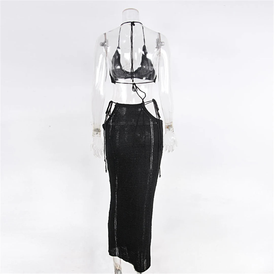 Sexy Fashion Crochet Knitted Halter Crop Tops Maxi Skirt Two Pieces Set Party Club Beach Dress Elegant Lady Outfits