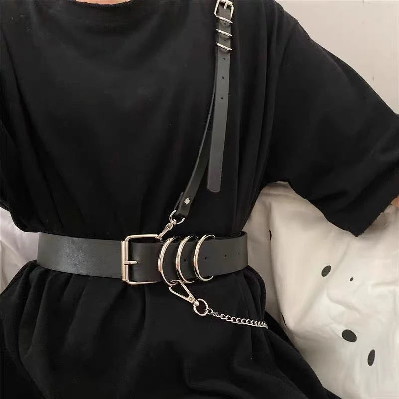 Korean Punk Style Detachable Chain Belt Men Women Belt Black PU Leather Harness Chain Belt Goth Corset Waist Belt Accessories