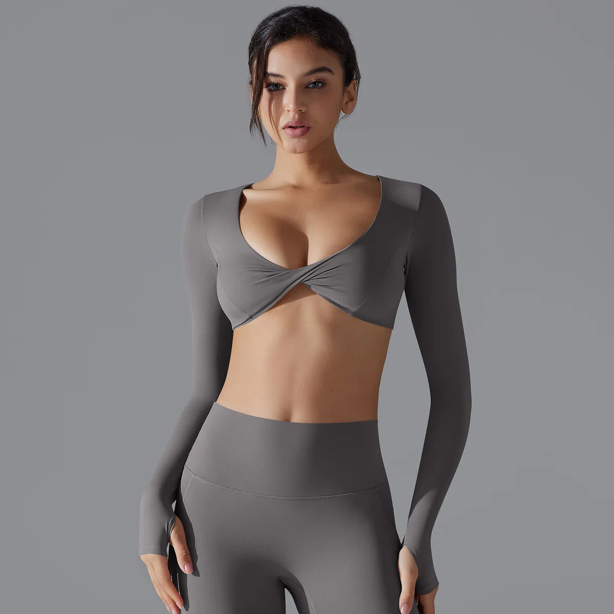 Sports Long Sleeved Fitness Suit Women's Deep V-neck Slim Fit Breathable Ins Style Exposed Navel Outdoor Yoga Suit Short Top
