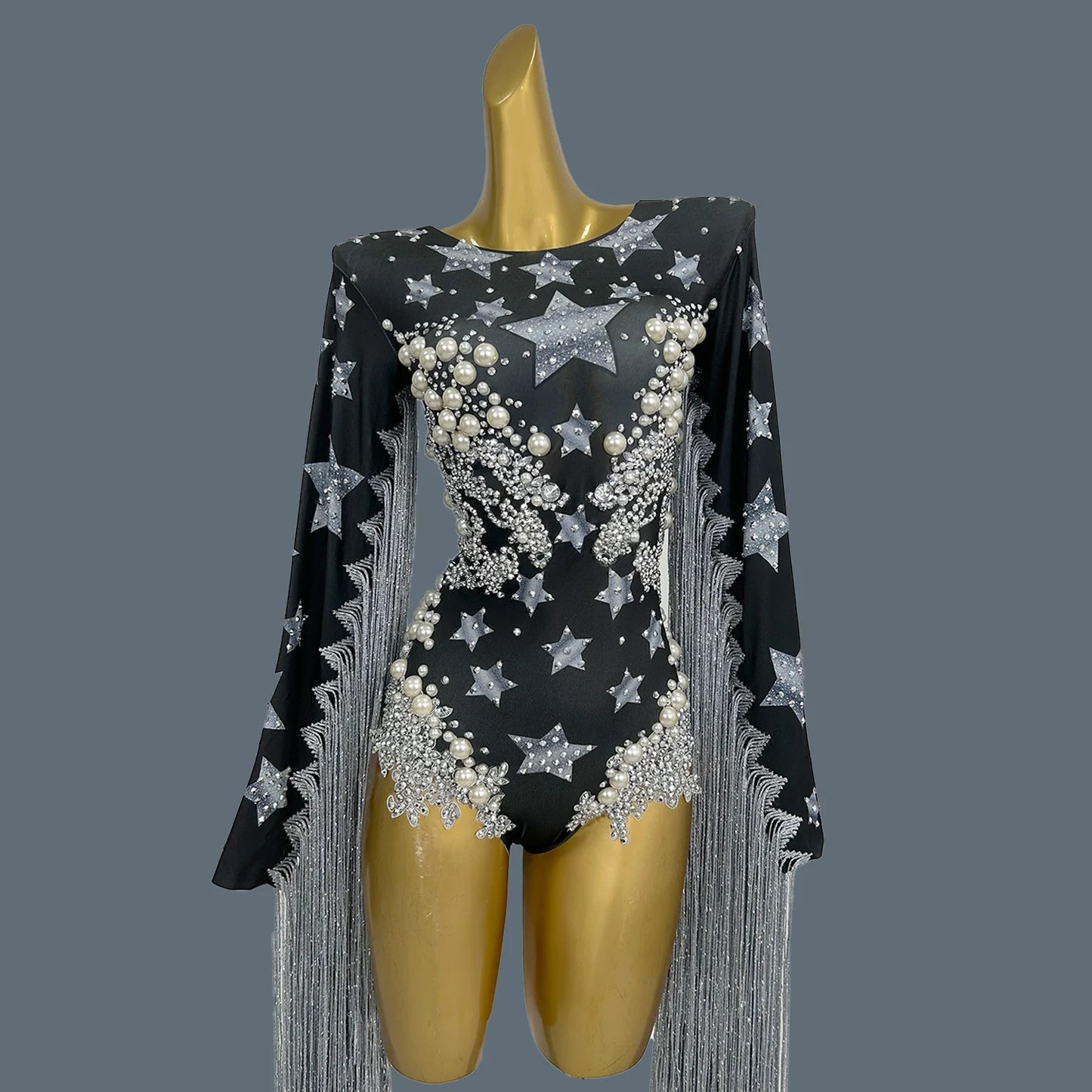 Designer Star Big Pearls Rhinestone Bodysuit Women Long Tassel Party Jumpsuit Nightclub Fringes Dancer Leotard Wear Starqun