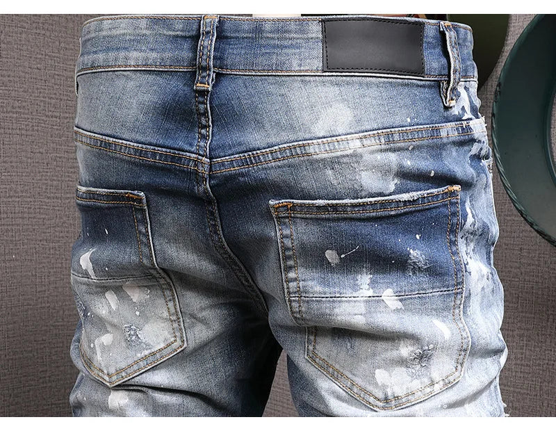 Retro Style Men's Slim Fit Jeans Distressed Hole Design Elastic Casual Long Pants Youth Trendy Street Style Straight Leg Jeans
