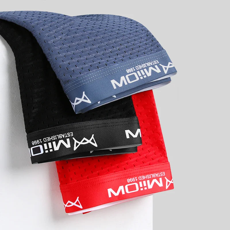 MiiOW 3Pcs Sexy Mesh Men Boxer Underwear Graphene Antibacterial Male Panties Ice Silk Underpants Breathable 4XL Boxershort 2022