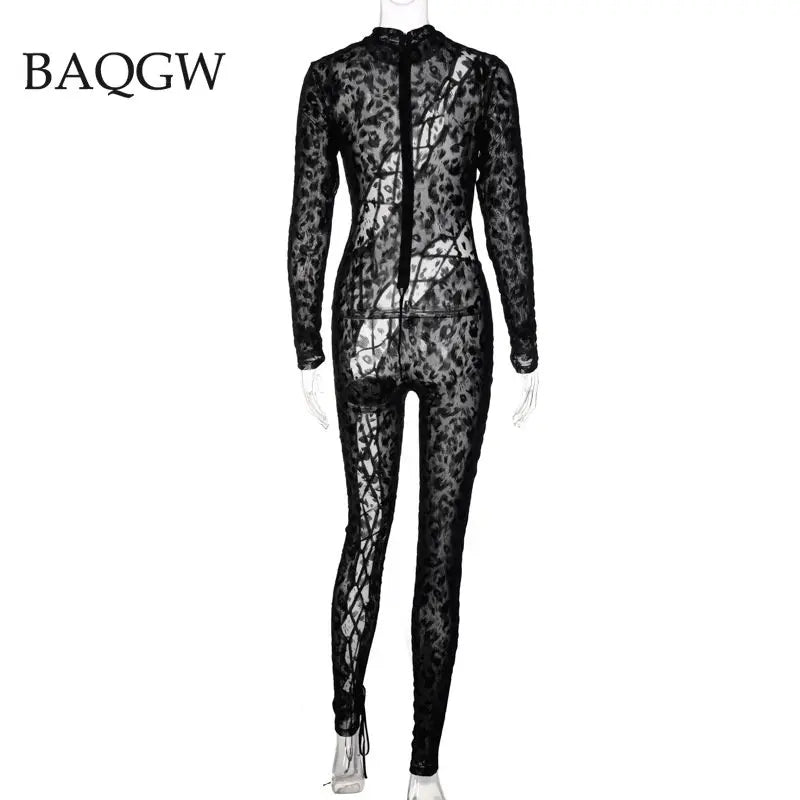 Skinny Hollow Out Cross Bandage Patchwork Jumpsuits Women Leopard Print Retro Fashion Sexy Cleavage Bodycon Party Clubwear Hot