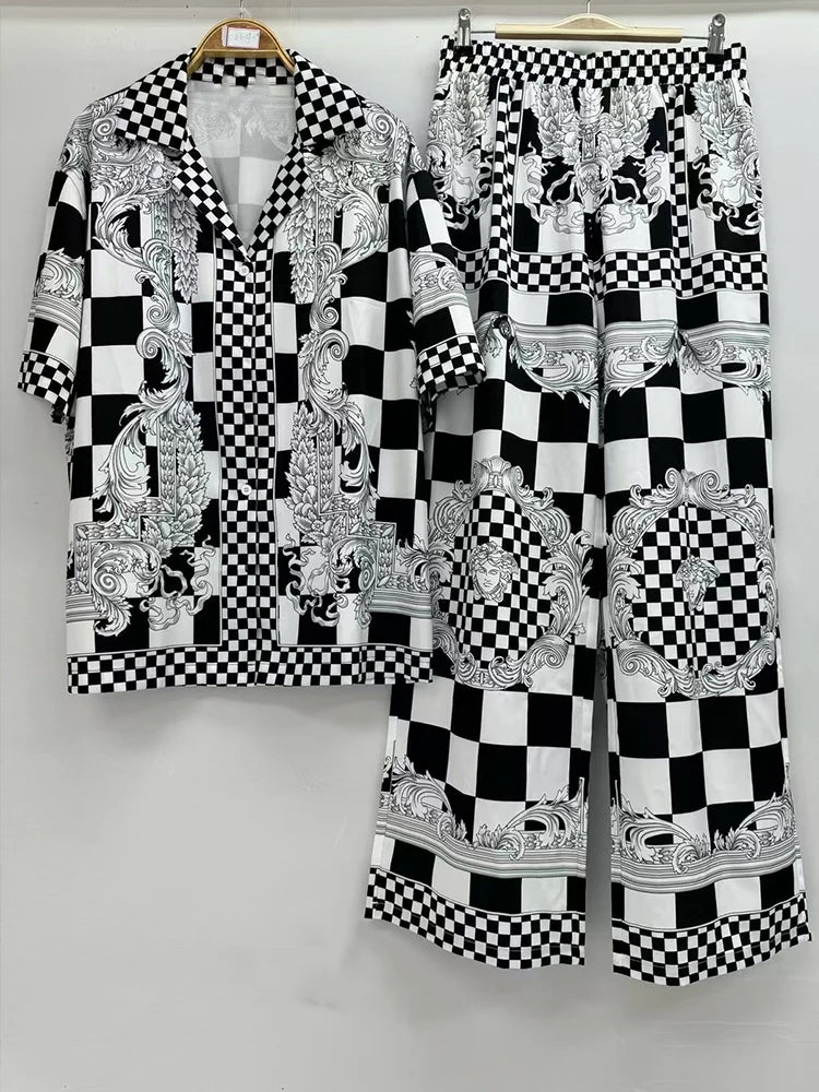 Luxury printed loose long-sleeved shirt spring and summer women's two-piece suit+elastic waist straight pants casual suit