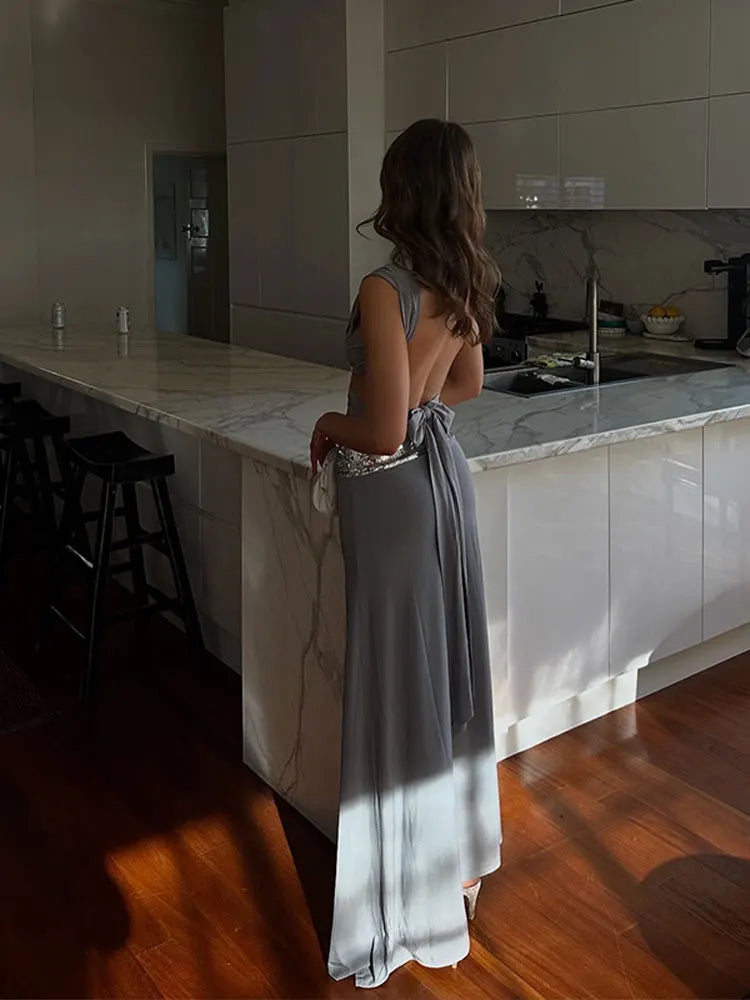 Sexy Lace Up Long Skirt Two Piece Set Sleeveless Backless Top Matching Cinched Waist Skirts Lady Birthday Christmas Evening Suit