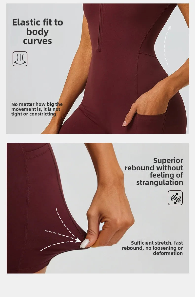 Women's zipper short sleeved yoga jumpsuit with functional pockets for hip lifting and tight fitting sports jumpsuit shorts