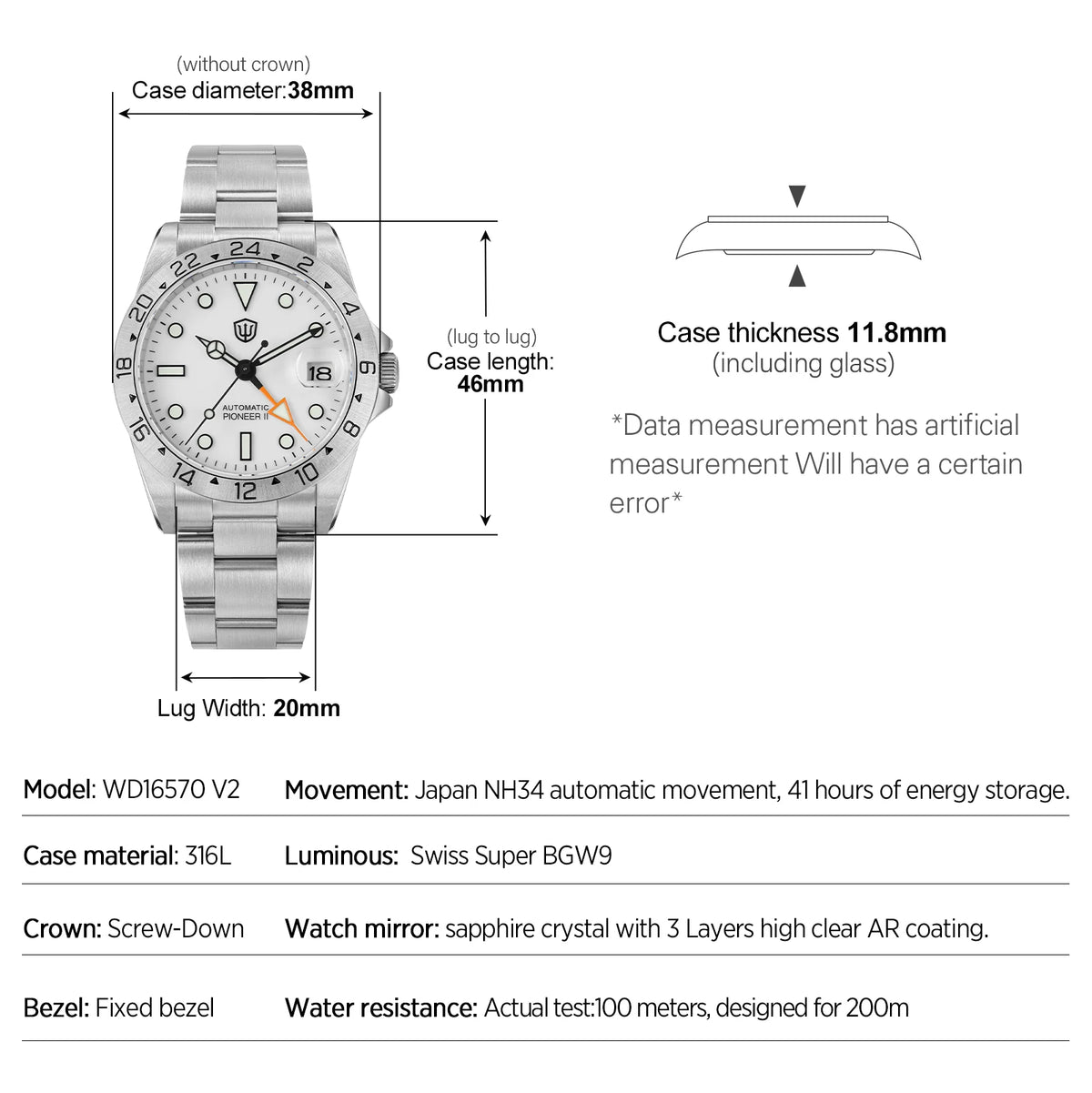 Watchdives WD16570 V2 Pioneer Watch NH34 Automatic Movement Sapphire Crystal 20Bar Waterproof Luminous 37mm GMT Watches