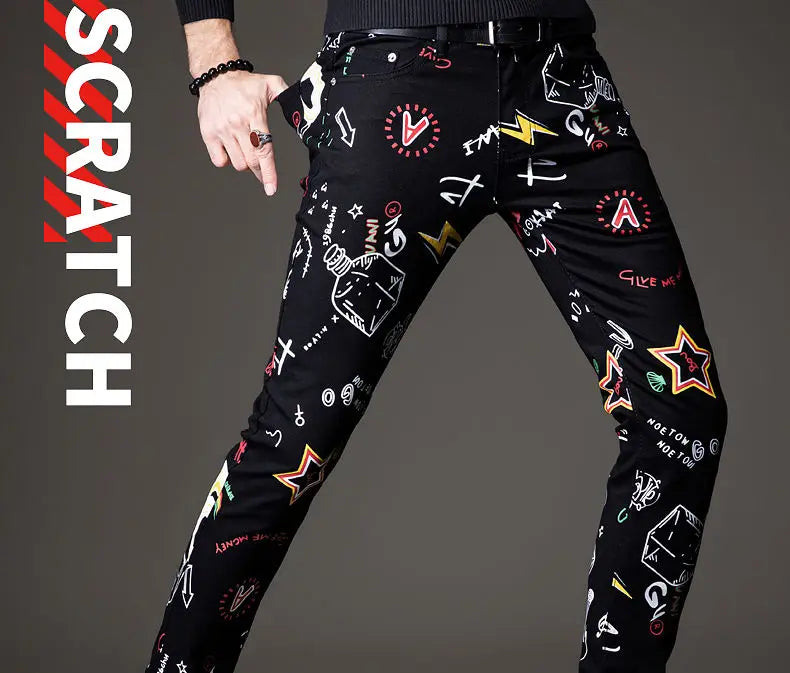 Luxuriöse Jeanshose für Herren, Hip-Hop-Jeans mit Graffiti-Print, Designer-Jeans in Slim Fit, trendige schwarze Jeans, Stretch-Cowboy-Baumwollhose für Männer