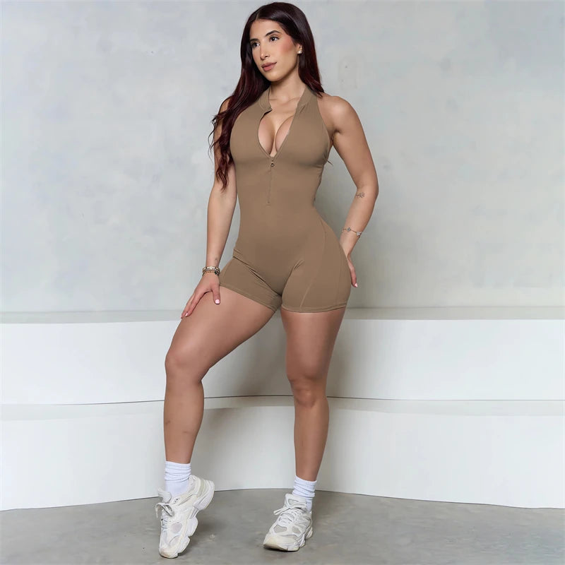 Women Bum Sleeveless ZIPPER Scrunch Butt Romper Women Sporty Jumpsuit Lycra Short Fitness Gym Overall New Workout Clothes