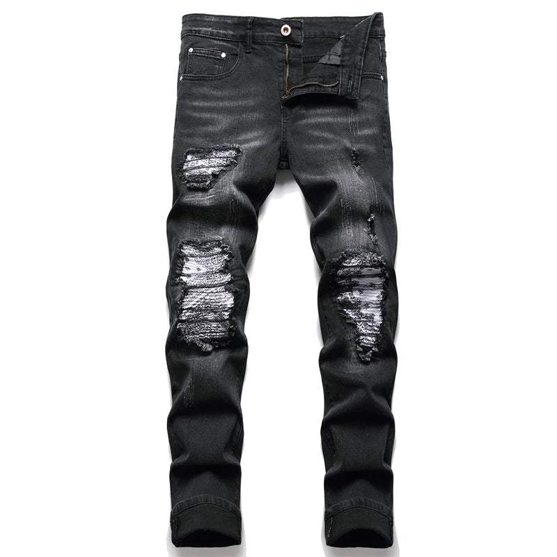 Herren Gebrochene blaue Plissee-Patch-Biker-Jeans Streetwear Löcher Zerrissene Distressed Patchwork Stretch-Jeans Schlanke Röhrenhose