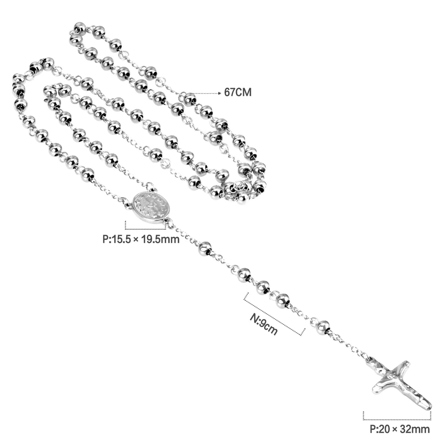 LUXUSTEEL Stainless Steel Long Necklace Virgin Mary Cross Pendant with 35cm+15cm Extender Bead Chain Jewelry