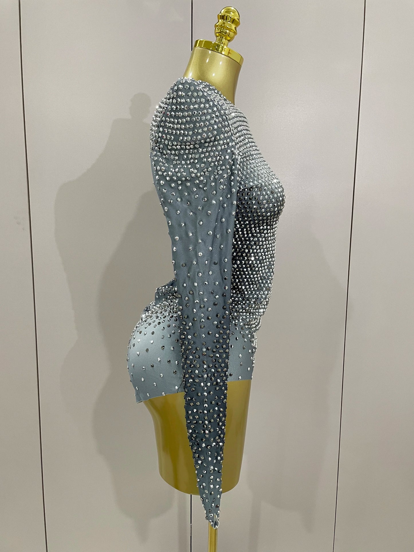 Sparkle Silver Rhinestones Long Sleeve Stretch Bodysuits New Women Evening Luxury Birthday Party Sexy Nightclub Stage Costu