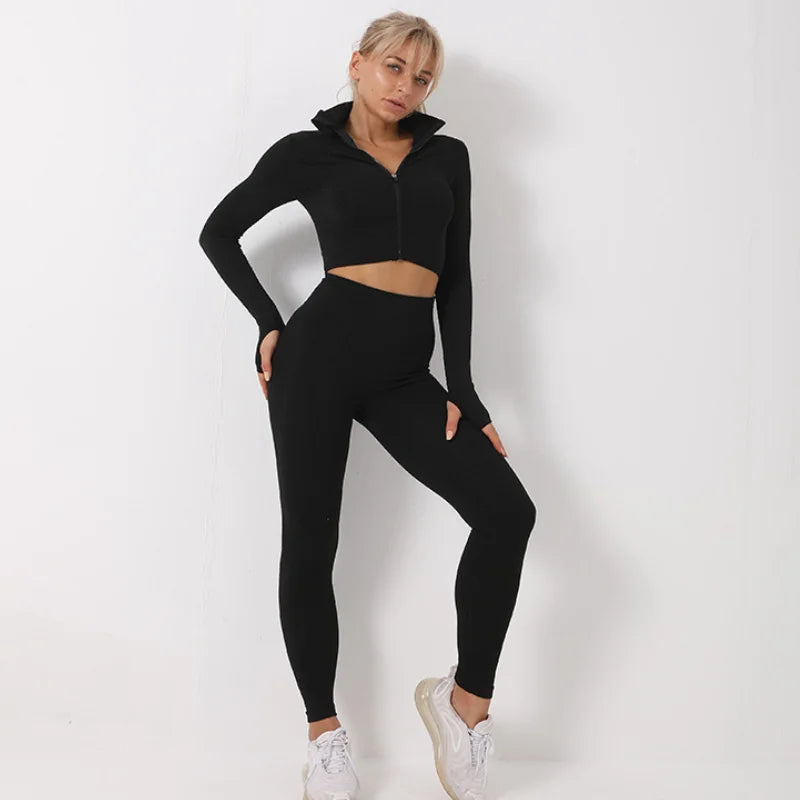 New  Spring Autumn Set Reticulate Stretch Fitness Seamless  Sportswear Suit For Women