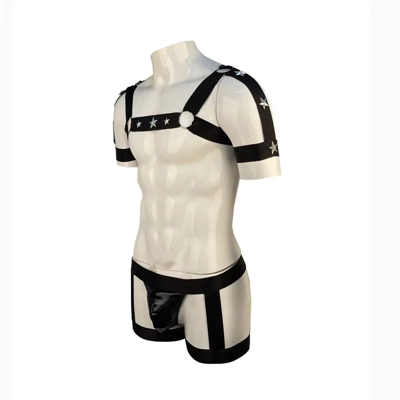 Mens Sexy Chest Harness Straps with Crotchless Panties Fetish Gay Body Bondage Costume Erotic Porno Sissy Lingerie for Man