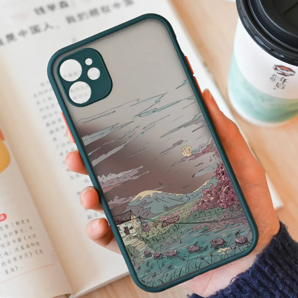 Japan Anime Landscape Phone Case For iPhone 16 15 11 13 12 14 Pro Max Mini 7 8 Plus SE 16E Scenery Hard Matte Cover Fundas Skin