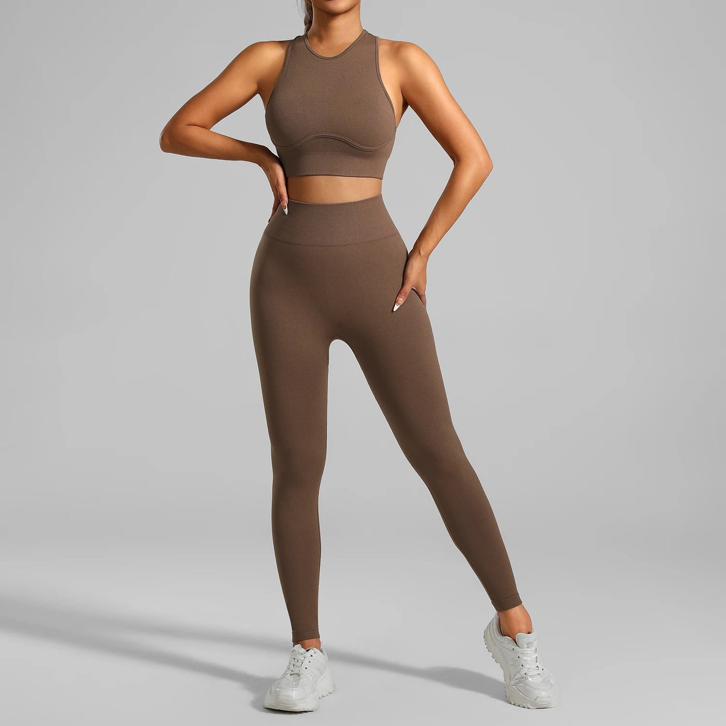 Seamless Ribbed High Waisted Yoga Set for Women, Tummy Control Criss Cross Back Workout Outfit, Quick Dry Fitness Set for Gym