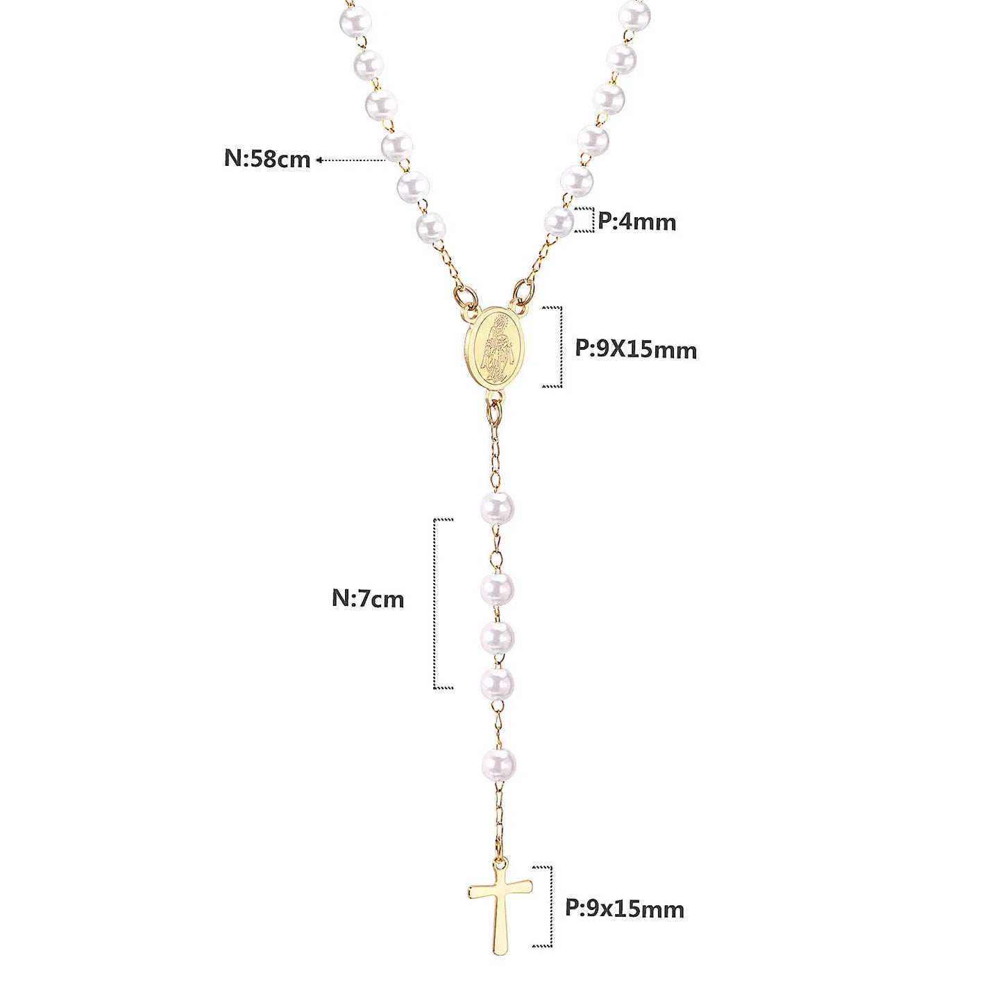 LUXUSTEEL Stainless Steel Long Necklace Virgin Mary Cross Pendant with 35cm+15cm Extender Bead Chain Jewelry