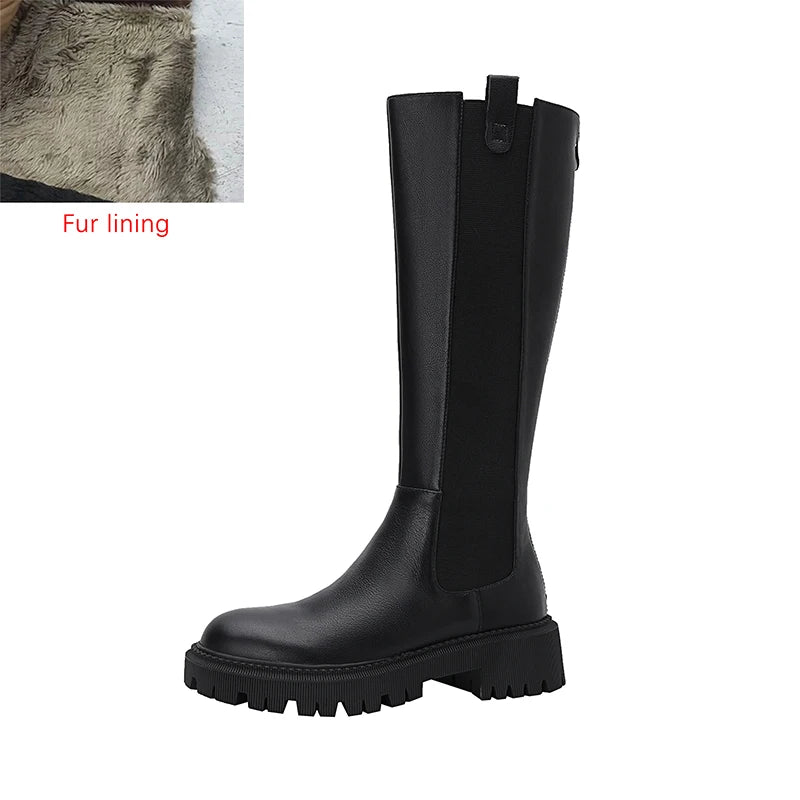 Autumn Winter New Women's High Boots Chelsea Boots Cow Leather Round Toe Heel Women Boots Knee-High Women Shoes Zipper