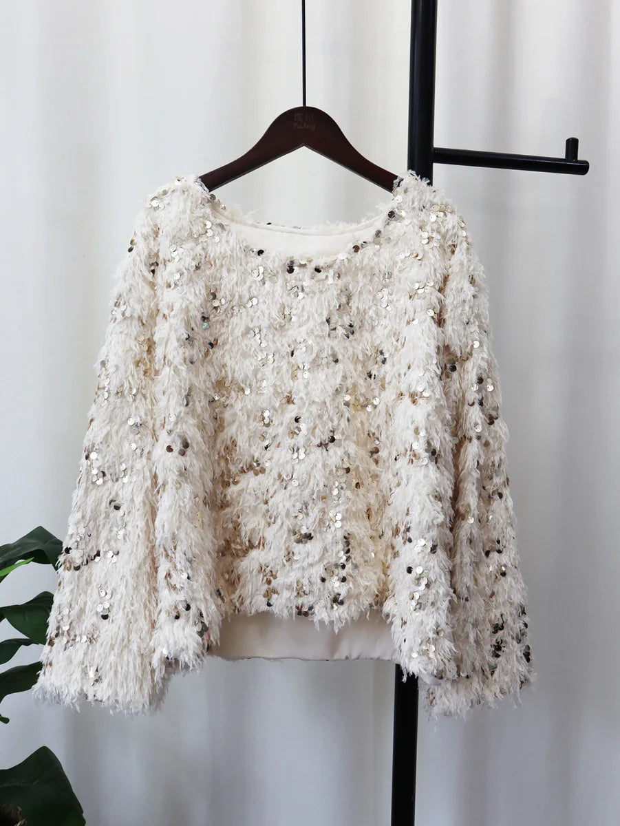 Knitted Tassel Women Pullover Sweater 2025 Spring Long Sleeve O-Neck Short Party Fringe Sweaters Female Streetwear C-301