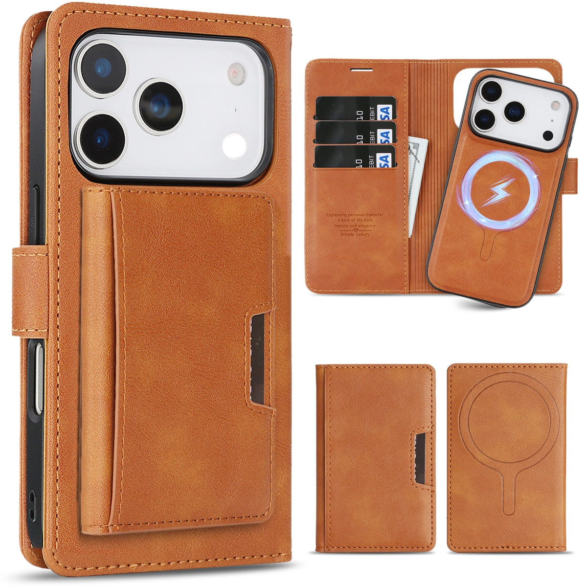3-in-1 Luxury Leather Wallet Detachable Flip Cover For iPhone 16 15 14 13 12 17 18 Pro Max Plus For Magsafe Credit Card Wallet