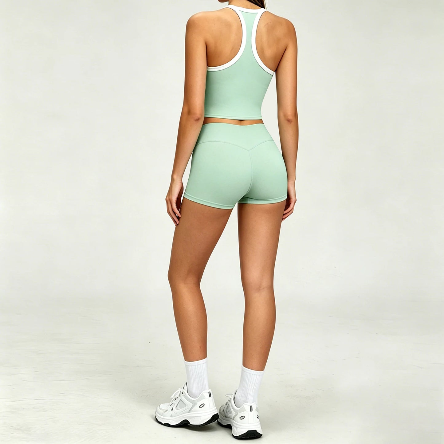 GYM 2 Piece Set Racerback Design+Shorts Women Sports Bra with Padded Yoga Halterneck Top High Waist Pant Summer Running Fitness