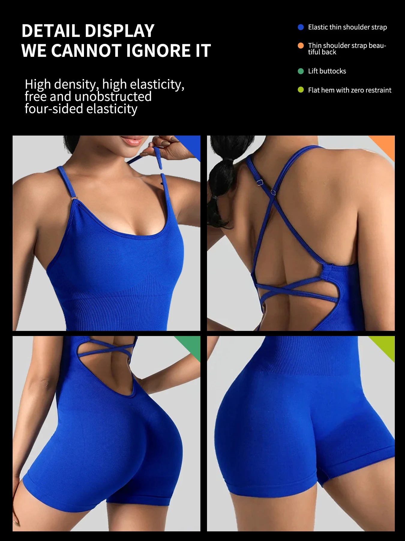 Women's Sexy Fitness Jumpsuit Cross Adjustable Sports Playsuit One Piece Yoga Suit with Scrunch Shorts And Backless Design