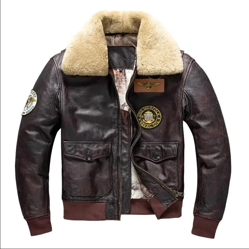 Air Force Flight Jacket Fur Collar Genuine Top Layer Cow Leather Jacket Men Brown Cowhide Men's Winter Military G1 Jacket 6XL