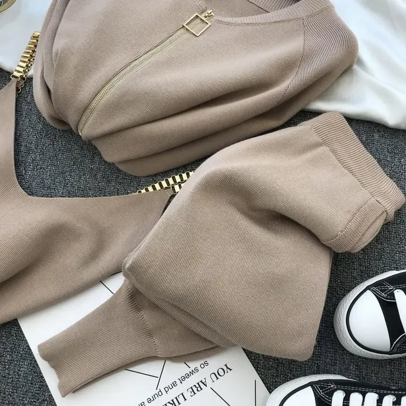Womens Knit 3 Piece Sets V Neck Spaghetti Tops + Loose Cardigan Coats Suit + Knitwear Jogger Pants Fall Winter Casual Conjuntos