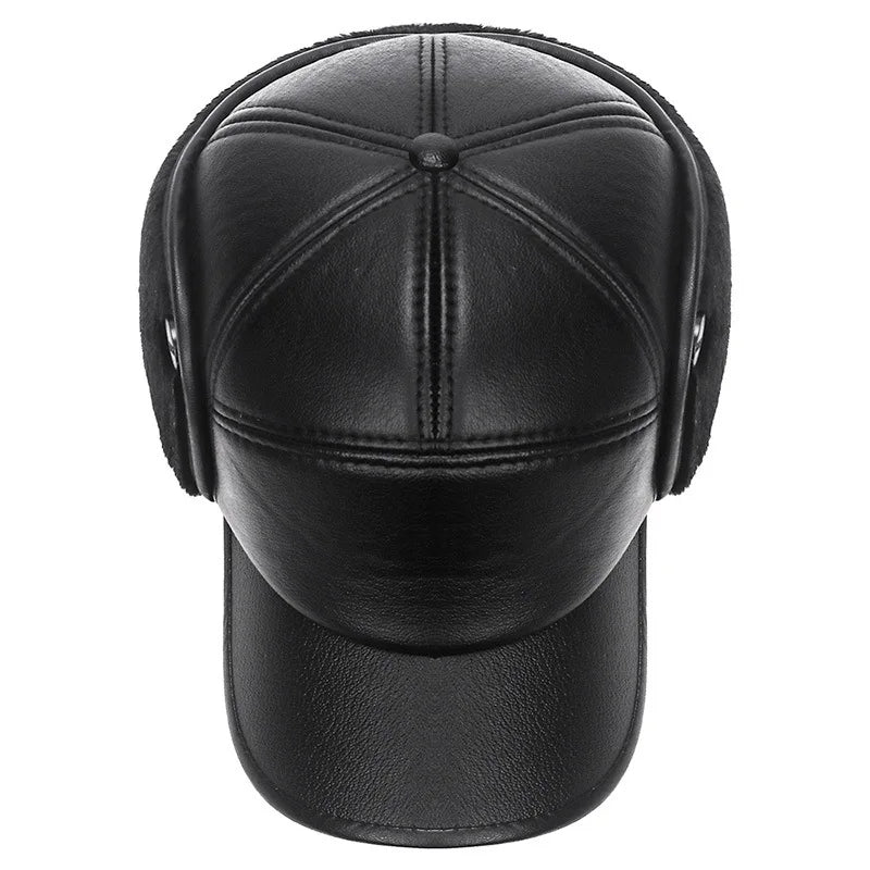 New Warm Winter Cap Black leather Fur Baseball Cap Hats For Men Snapback Women Casquette Bones Dad Caps Gorras Earflaps Thicken