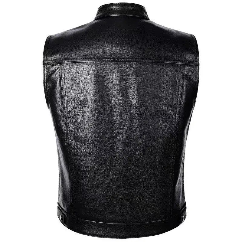 Son of Chaos in Motorcycle Style: Harley Motorcycle PU Leather Embroidered Vest Kam Shoulder Punk Fashion Leather Coat for Men
