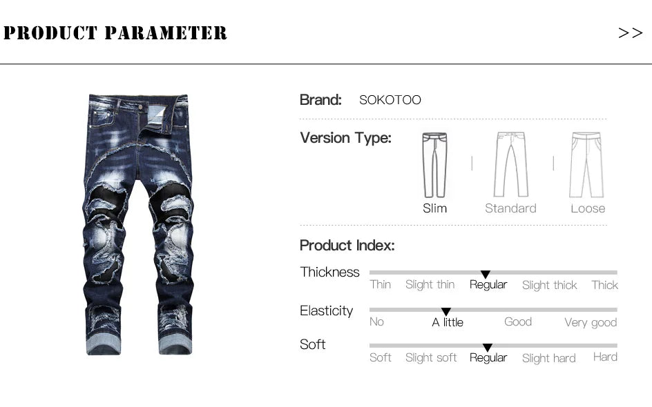 Men Patchwork Denim Jeans Holes Ripped Distressed Dark Blue Stretch Pants Casual Fringe Slim Straight Trousers