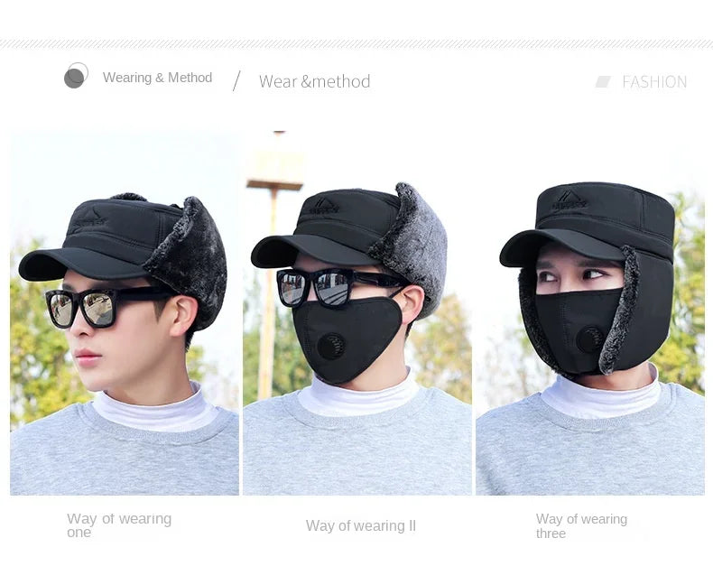 Fashion New Winter Bomber Hats Men's Northeast Mask Ushanka Lei Feng Hat Outdoor Windproof Keep Warm Thick Earmuffs Flat-Top Cap