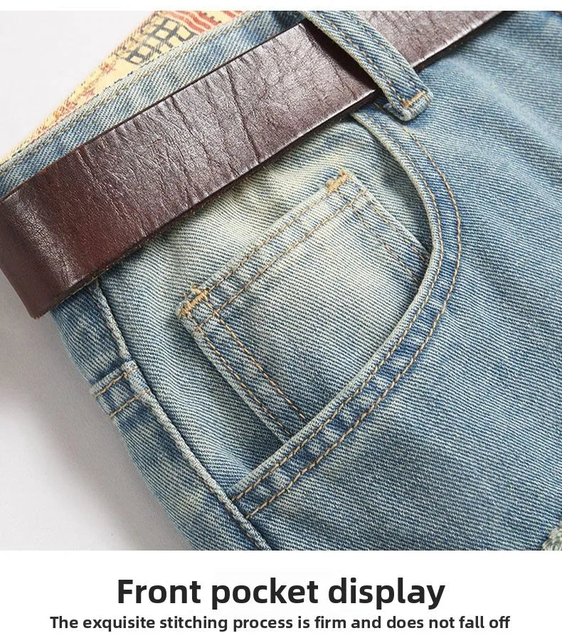 Autumn Men's New Light Blue Slim Fit Jeans Men's Ripped Loose Jeans Elastic Hole Versatile High Street Denim Pants Retro Washed