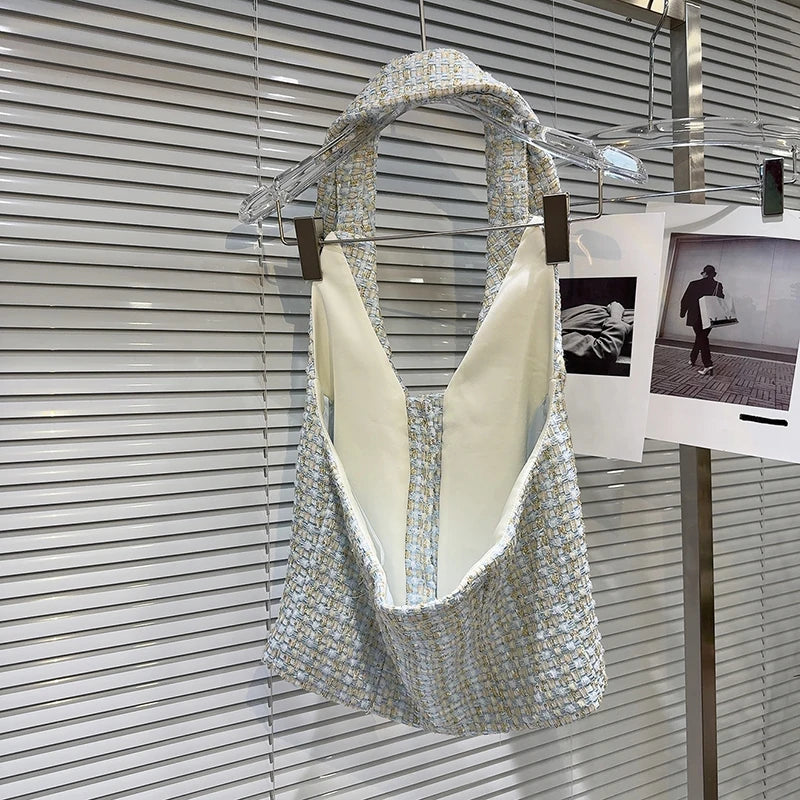 DEAT 2025 Summer New Fashion Two-pieces Set For Women Diamond Buckle Hanging Neck Vest Woven Tweed Short Skirt Female 11A04590