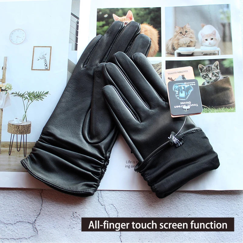 Sheepskin Leather Gloves Women's Fashion Elastic Style Velvet Lining to Keep Warm in Autumn and Winter Retro Color Points