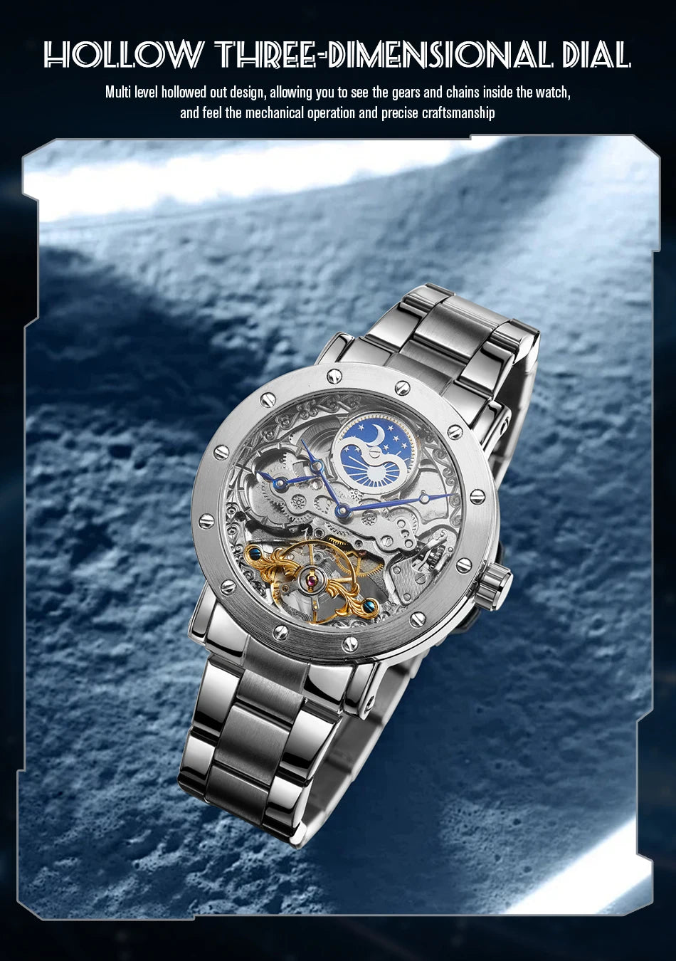 Luxury Brand GMT Time Zone Moon Phase Automatic Movement Man Watch Stainless Steel Skeleton Mechanical Waterproof Male Clockwork
